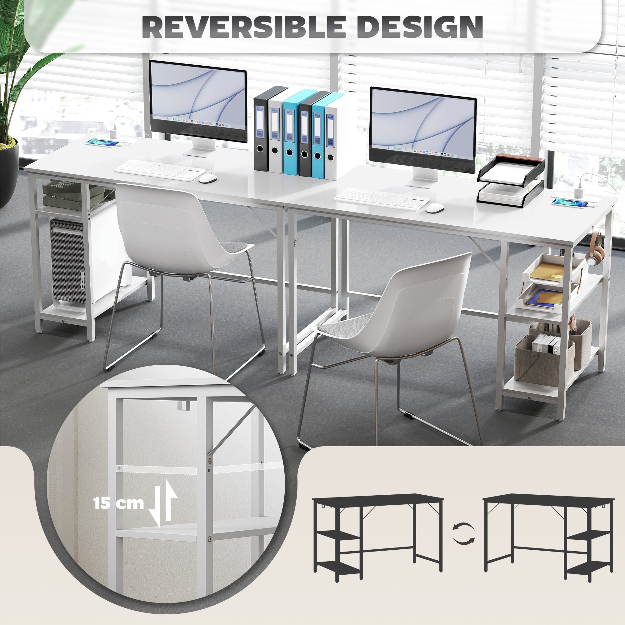 HOMCOM 120 x 60 cm Computer Desk with Power Outlets and Reversible Shelves - White
