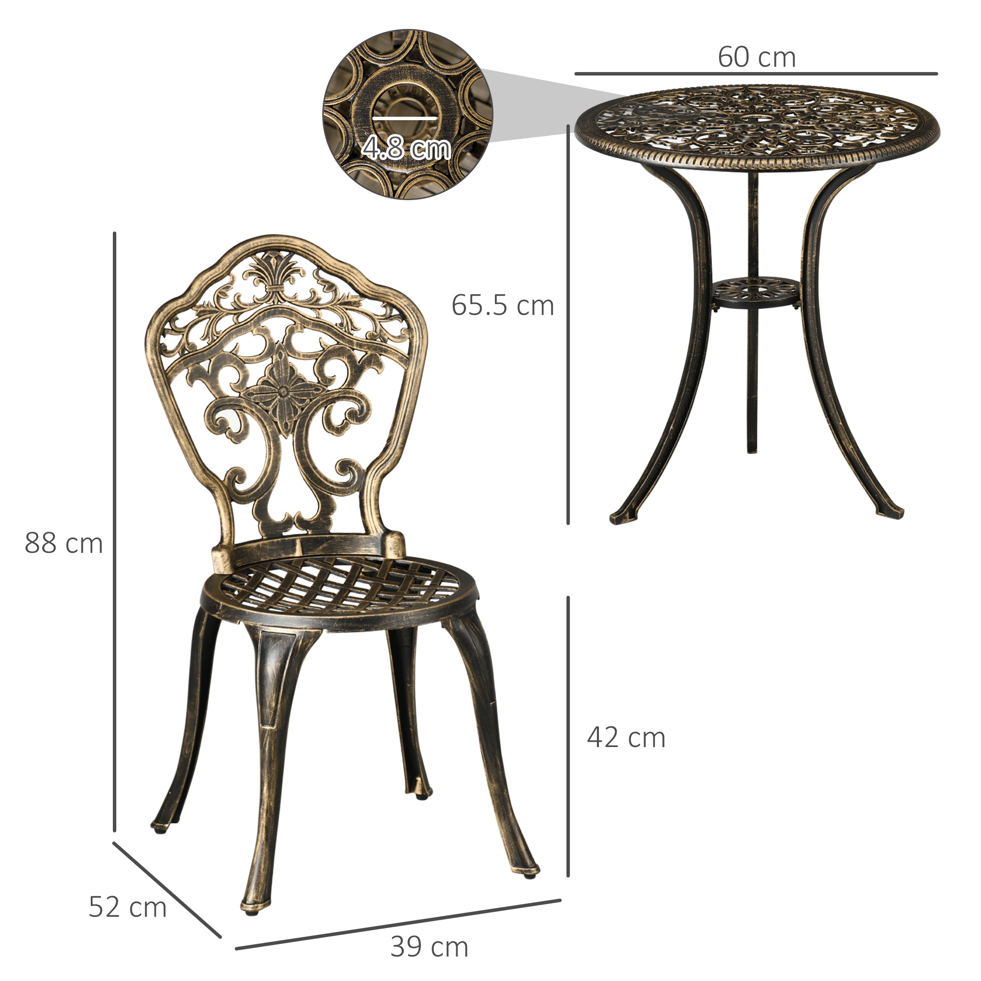 Outsunny 3 Piece Cast Aluminium Garden Bistro Set for 2 with Parasol Hole, Outdoor Coffee Table Set, Two Armless Chairs and Round Coffee Table for Balcony, Patio, Bronze 