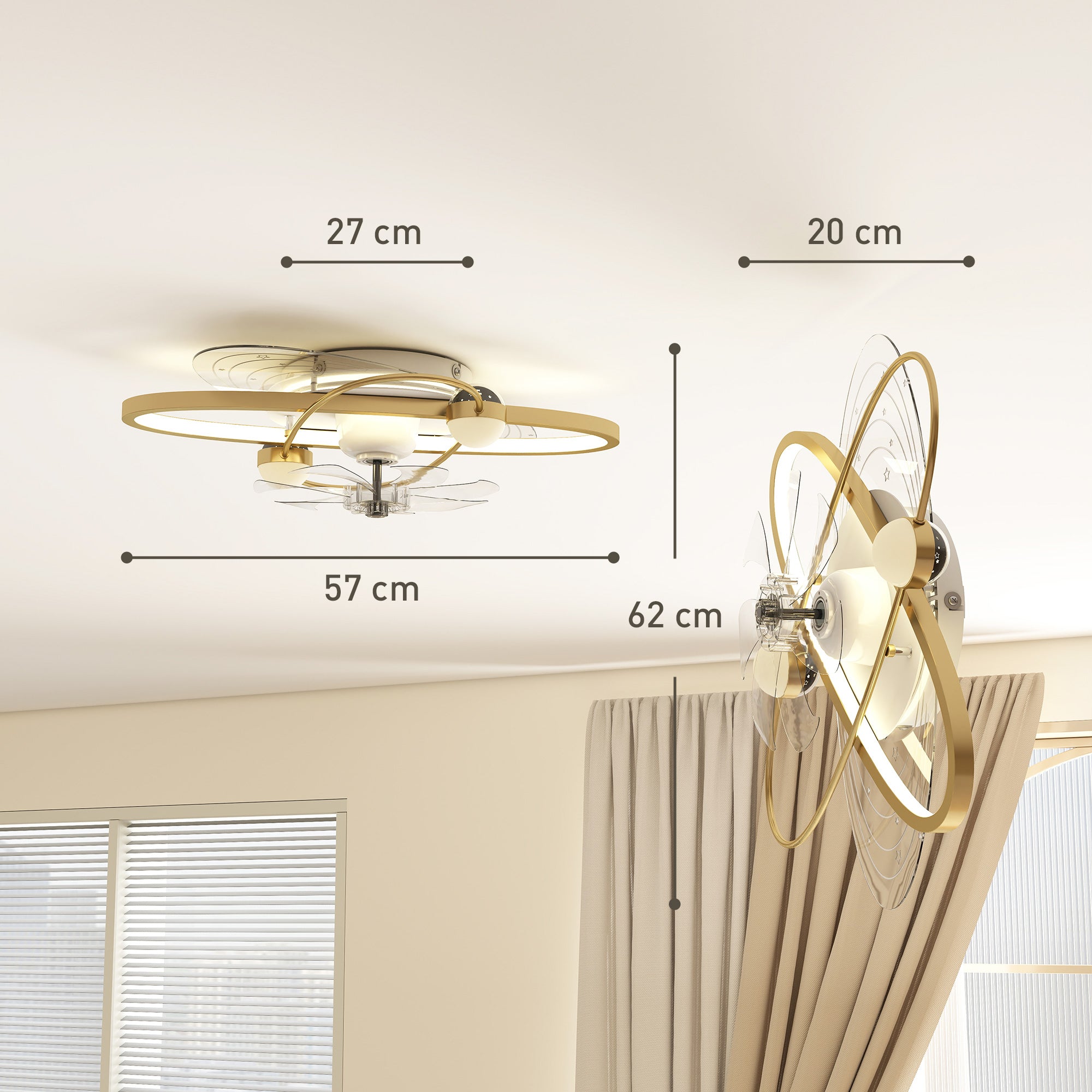 HOMCOM Ceiling Fan with Light and Remote, 3 Colour Temperatures, LED Mount Ceiling Fan Light for Bedroom, Gold Tone 