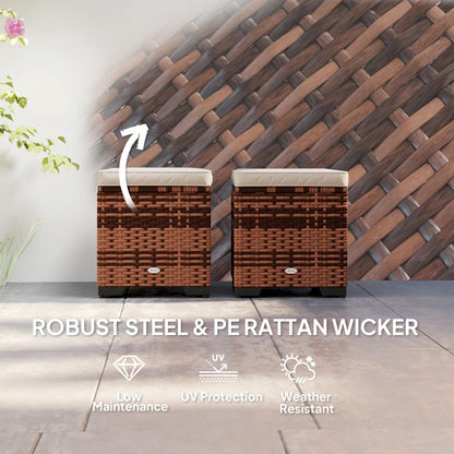 Outsunny Set of 2 Rattan Storage Ottoman, Outdoor Footstool with Removable Cushions, Garden Storage Seat for Balcony, Poolside, Living Room, Beige 