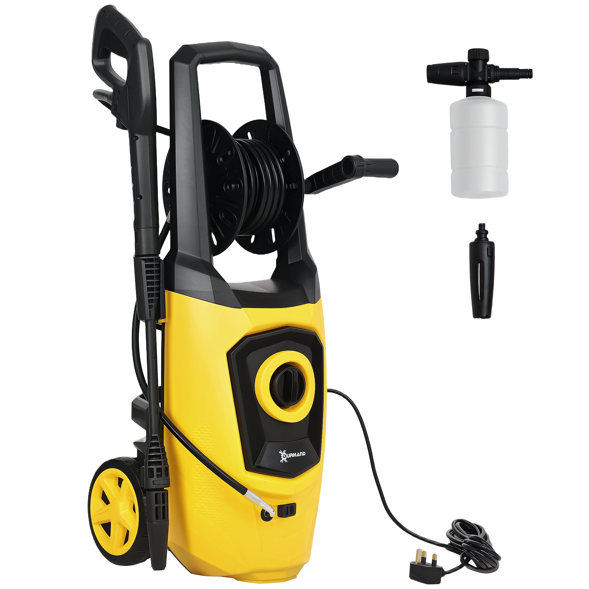 DURHAND 1800W High\'c2\'a0Pressure\'c2\'a0Washer, 150 Bar Pressure, 510 L/h Flow, High-Performance Portable Power Washer Jet Wash Cleaner with 6M Hose and Hose Reel for Garden, Car, Furniture, Yellow
