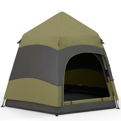 Outsunny Six Man Hexagon Camping Tent with Hang Hook and Carry Bag - Dark Green and Light Grey 