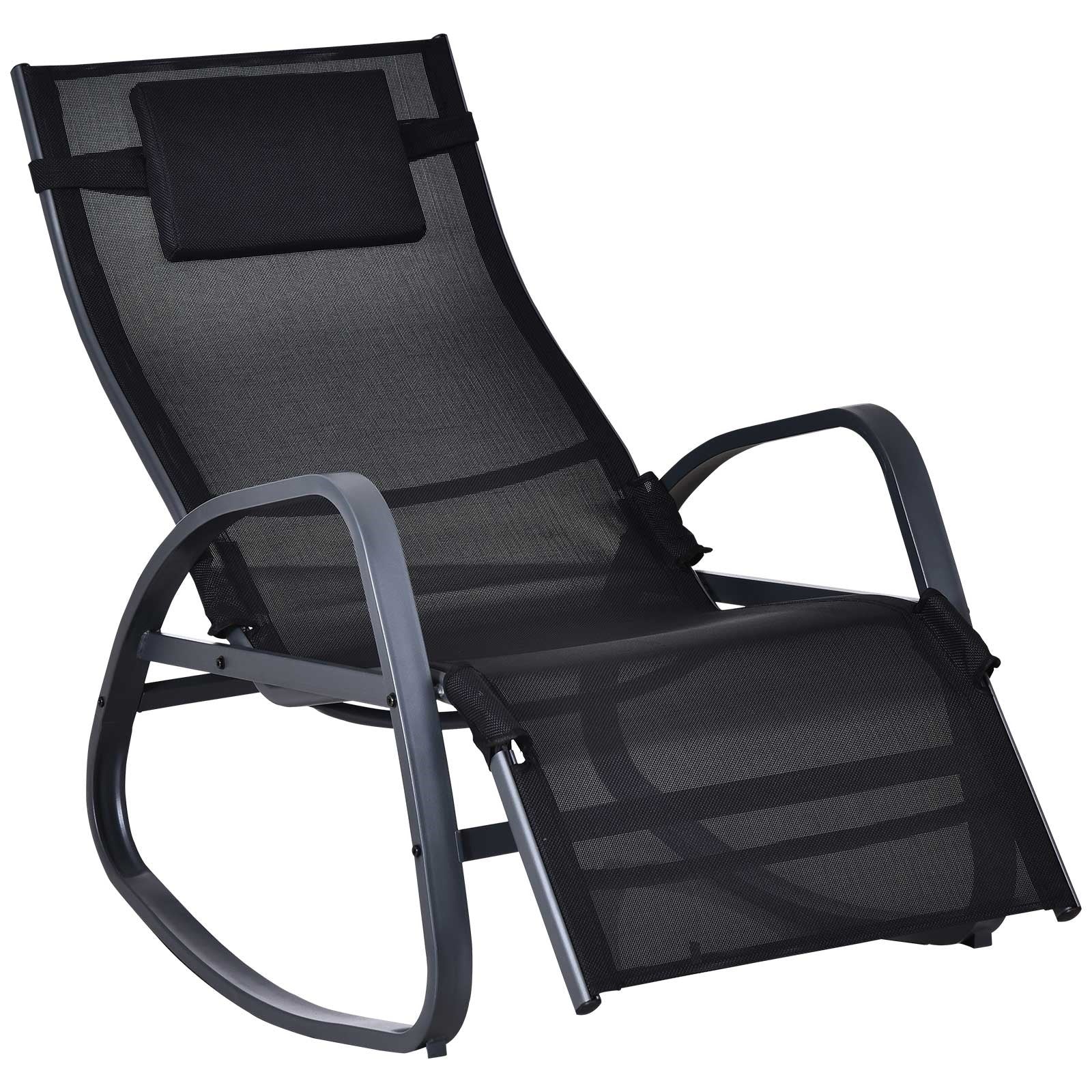 Outsunny Garden Rocking Chair with 5-Level Adjustable Backrest, Rocking Sun Lounger with Removeable Headrest Pillow, Footrest, Armrest and Safety Stopper, Black 