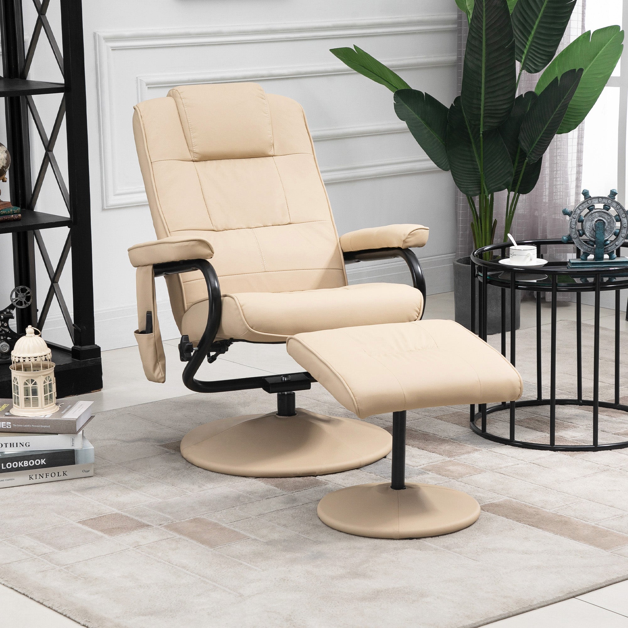 HOMCOM Manual Sofa Reclining Armchair PU Leather Massage Recliner Chair and Ottoman, Cream 