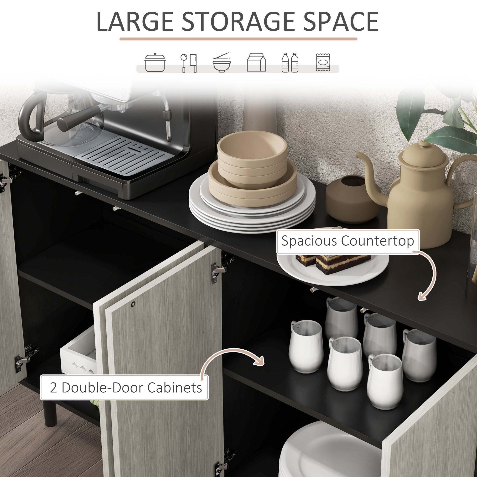 HOMCOM Kitchen Sideboard Storage Cabinet for Living Room with Adjustable Shelves 4 Doors and Pine Wood Legs Black 