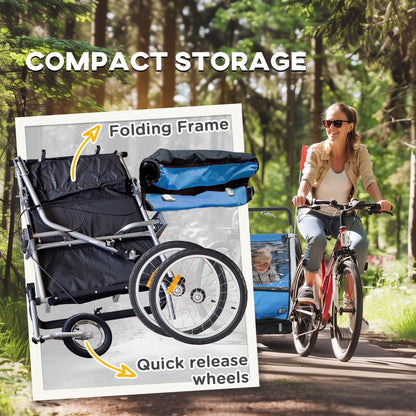 HOMCOM 2 Seat Bike Trailer with 5 Point Harness, Baby Bike Stroller with Safety Flag, Reflectors, for 18+ Months, Blue 