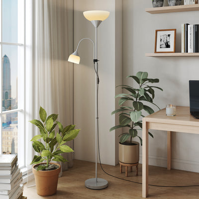 HOMCOM LED Floor Lamp for Living Room, 180cm Tall Standing Lamp, Mother and Child Uplighter with Adjustable Gooseneck, 3000K/4500K/6500K Colour Temperatures, Silver Tone 