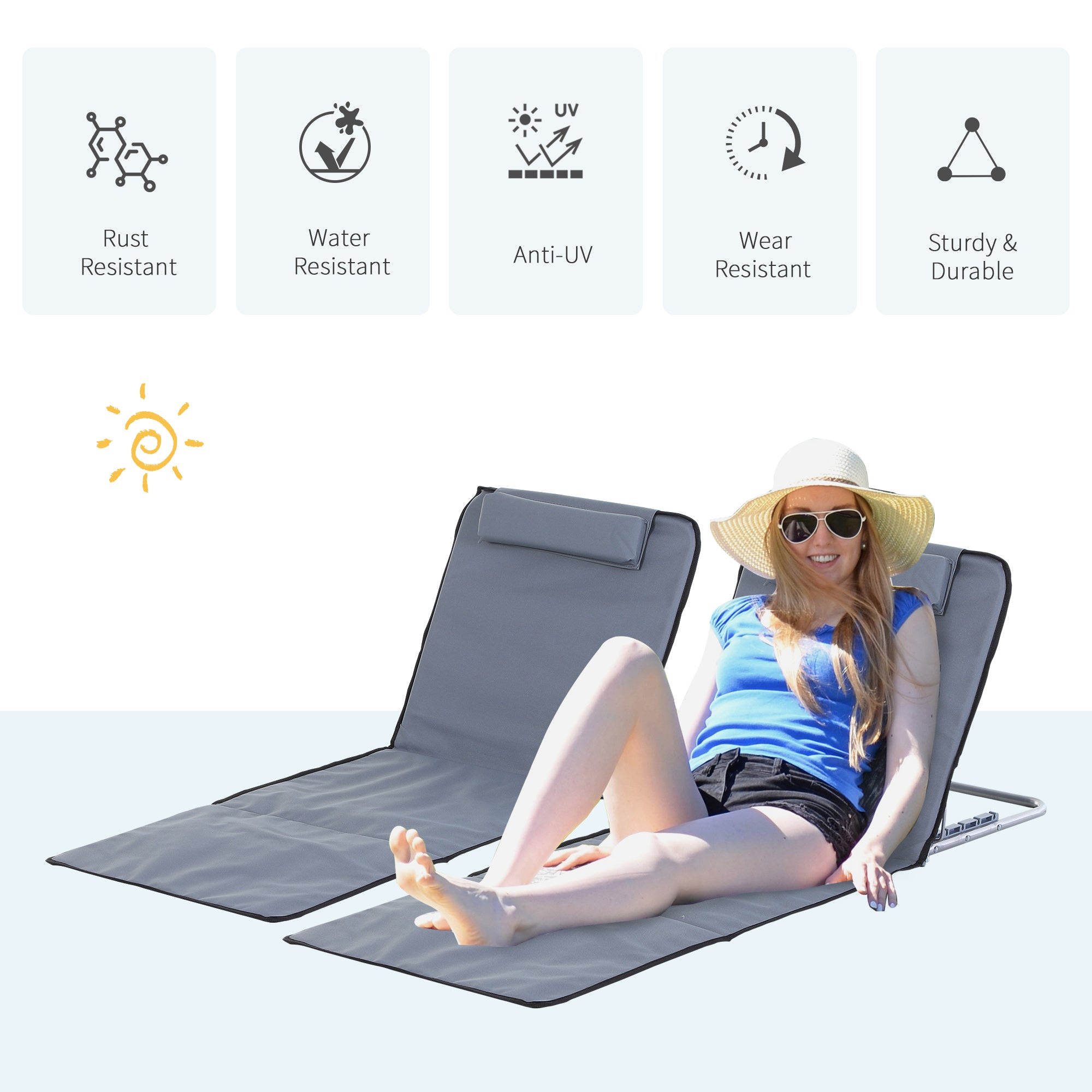 Outsunny Set of 2 Foldable Garden Beach Chair Mat Lightweight Outdoor Sun Lounger Seats Adjustable Back Metal Frame PE Fabric Head Pillow w/ Carry Bag,Grey 