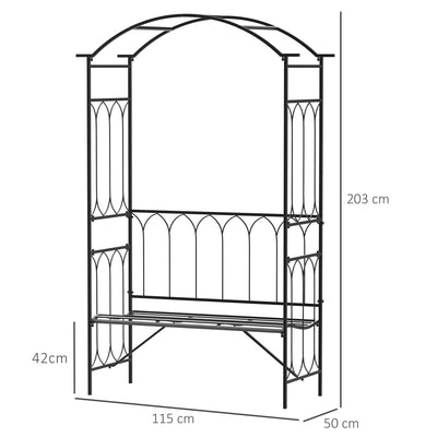 Outsunny Garden Metal Frame Bench W/Arch for Various Climbing Plant, 115Lx50Wx203H cm-Black 