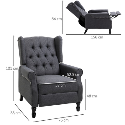 HOMCOM Recliner Armchair, Vintage Reclining Chair with Nail Head Trim, Wingback Chair with Button Tufted Back and Footrest, for Living Room, Dark Grey 