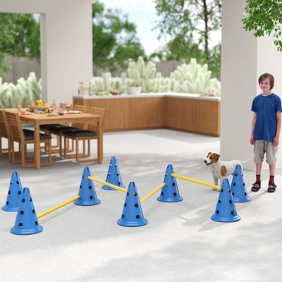 PawHut Dog Agility Equipment Set of Eight Cones, Eight Poles w/ Carry Bag, Four-Piece Adjustable Height Jumping Obstacles Blue 