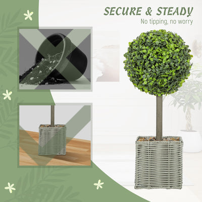 HOMCOM Set of 2 Decorative Artificial Plants, 50cm Faux Boxwood Topiary Balls with Woven Plastic Pot and Pebbles, Fake Plants for Home or Office Decor, Green 