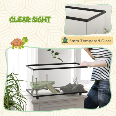 PawHut 50L Glass Turtle Tank Aquarium with Basking Platform, Easy Drainage, Strip Patch Thermometer 