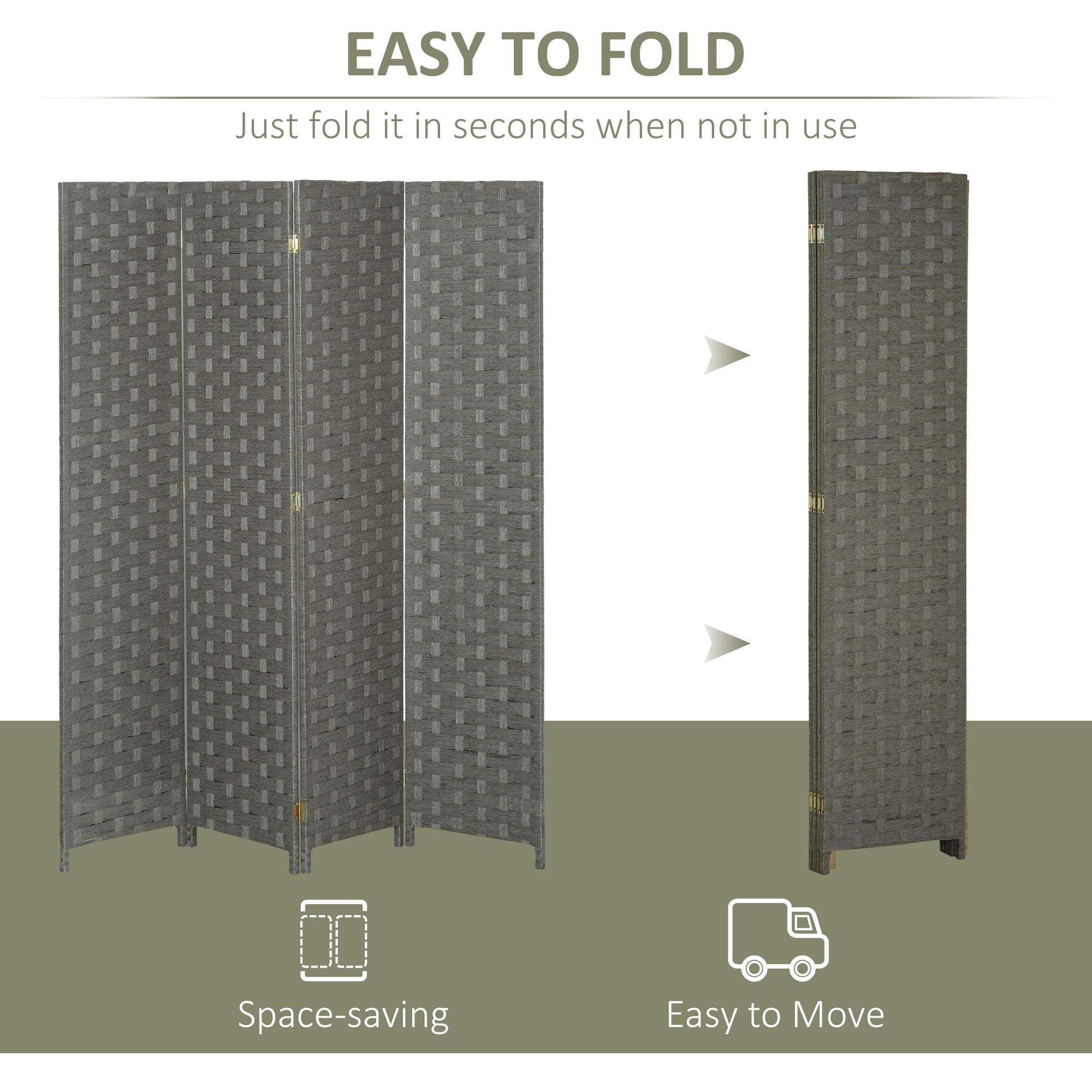 HOMCOM 4-Panel Room Dividers, Wave Fibre Freestanding Folding Privacy Screen Panels, Partition Wall Divider for Indoor Bedroom Office, 170\'c2\'a0cm, Grey