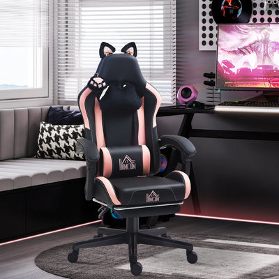 HOMCOM Cat Ear and Paw Reclining Office Chair, with Footrest - Black/Pink 