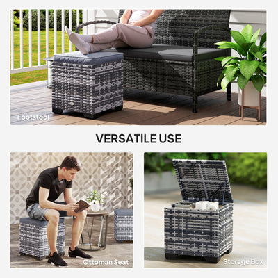 Outsunny Set of 2 Rattan Storage Ottoman, Outdoor Footstool with Removable Cushions, Garden Storage Seat for Balcony, Poolside, Living Room, Dark Grey 