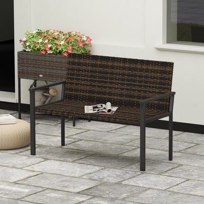 Outsunny 2 Seater Rattan Garden Bench, Outdoor Bench with Quick-Drying Cotton Padding, Wicker Garden Loveseat with Armrests, Steel Frame for Patio, Park, Mixed Brown 