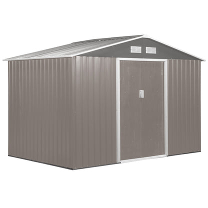 Outsunny 9 x 6FT Outdoor Garden Roofed Metal Storage Shed Tool Box with Foundation Ventilation & Doors Light, Grey 