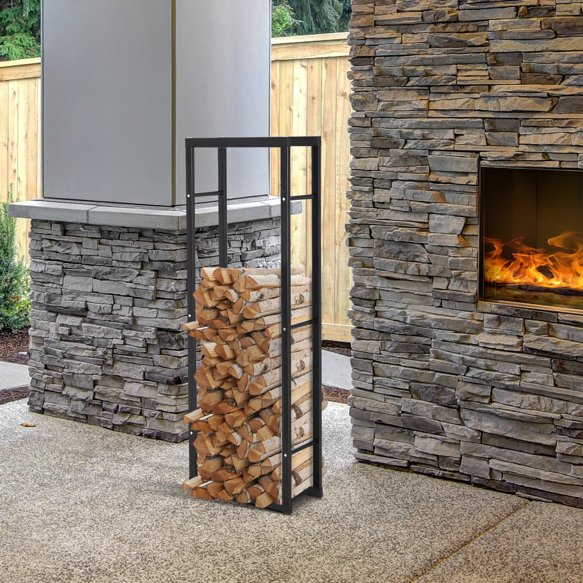 HOMCOM Metal Firewood Log Holder Tall Firewood Rack Indoor Outdoor Fireplace Wood Storage Shelf with Side Rails, Rust-Resistant, Black, 40W x 25D x 150H cm 