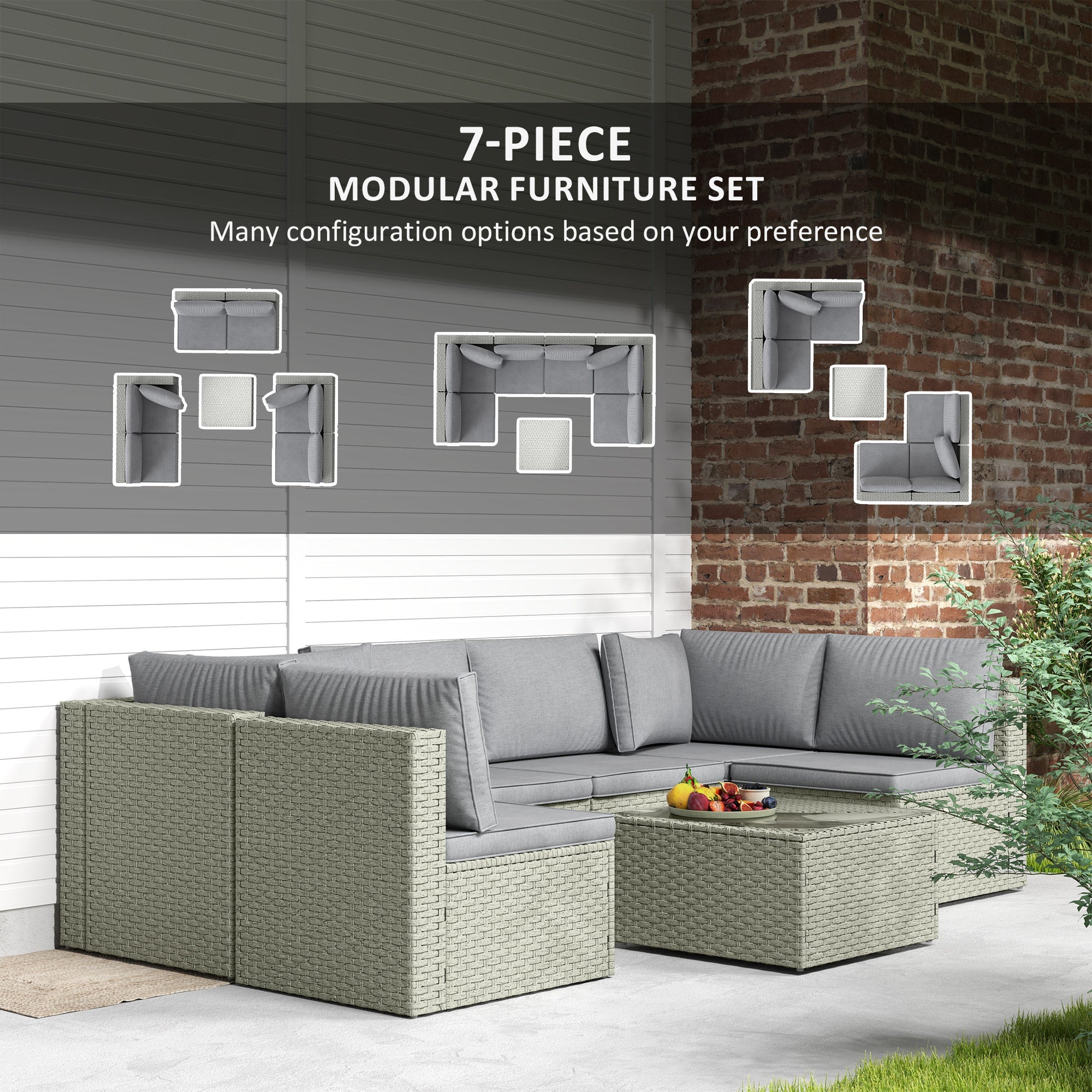 Outsunny 7 Pieces Rattan Garden Furniture Set, 6 Seater Garden Corner Sofa with Wide Seat, Cushions and Glass Top Table, Sectional Outdoor Furniture Conservatory Set for Patio, Light Brown 