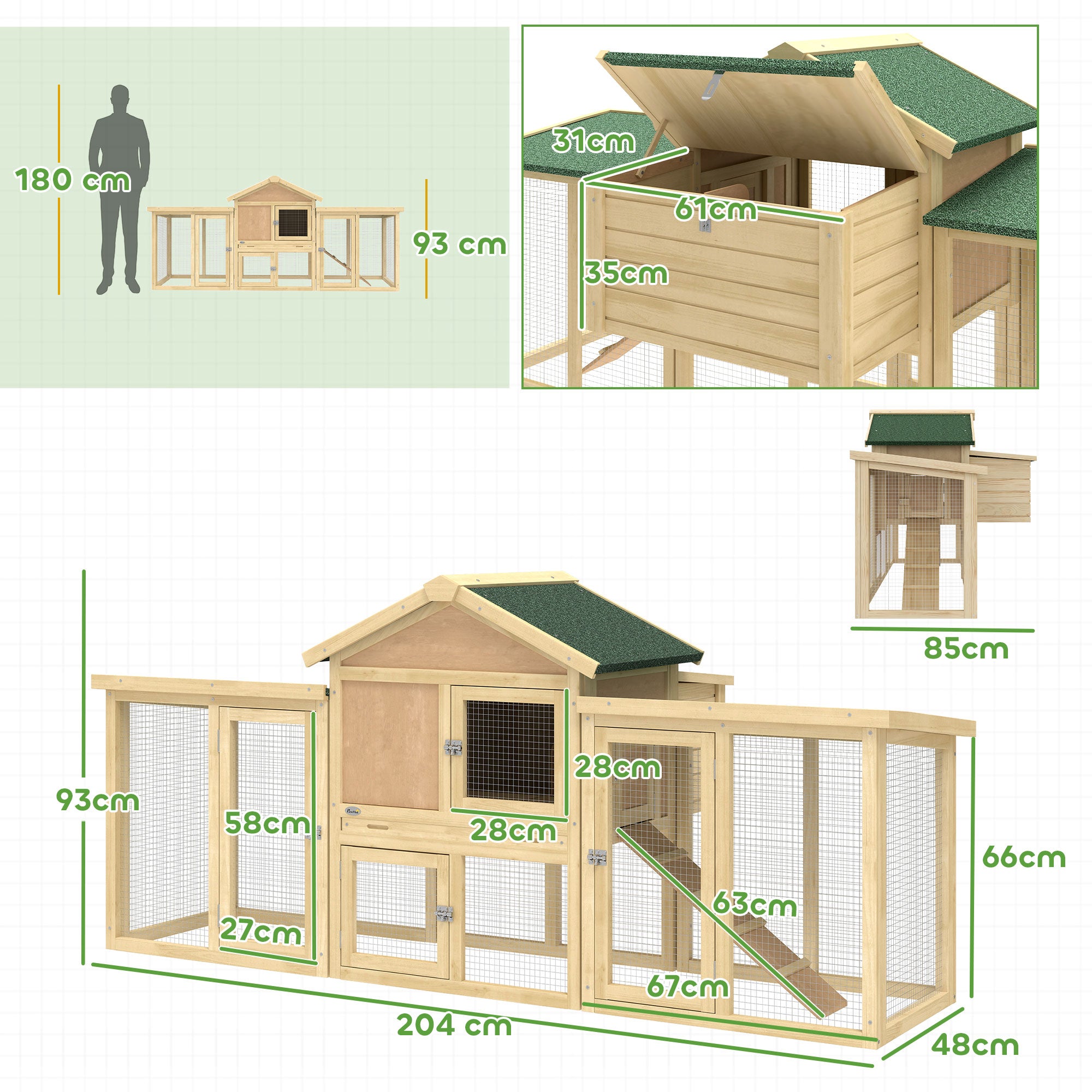 PawHut Large Chicken Coop, Wooden Outdoor Chicken Cage Poultry Hen House with Nesting Box 