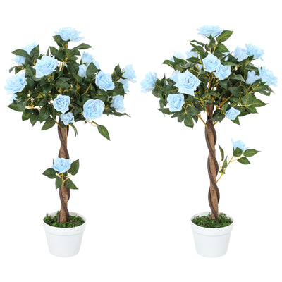 Outsunny Set of 2 Artificial Plants White Rose Floral in Pot, Fake Plants for Home Indoor Outdoor Decor, 90cm, Light Blue 