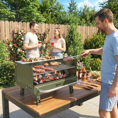 Outsunny Portable BBQ Grill, Charcoal Barbecue Grill with Adjustable Grates, Foldable Legs, Side Shelf for Camping Travel, Green 