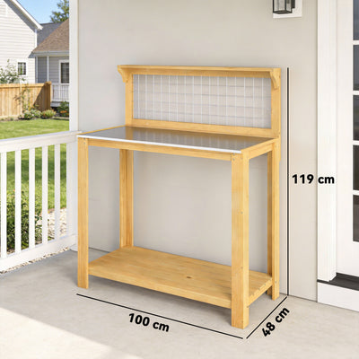 Outsunny Wooden Potting Bench Table with Aluminium Worktop, Outdoor Garden Workbench with 2 Shelves 