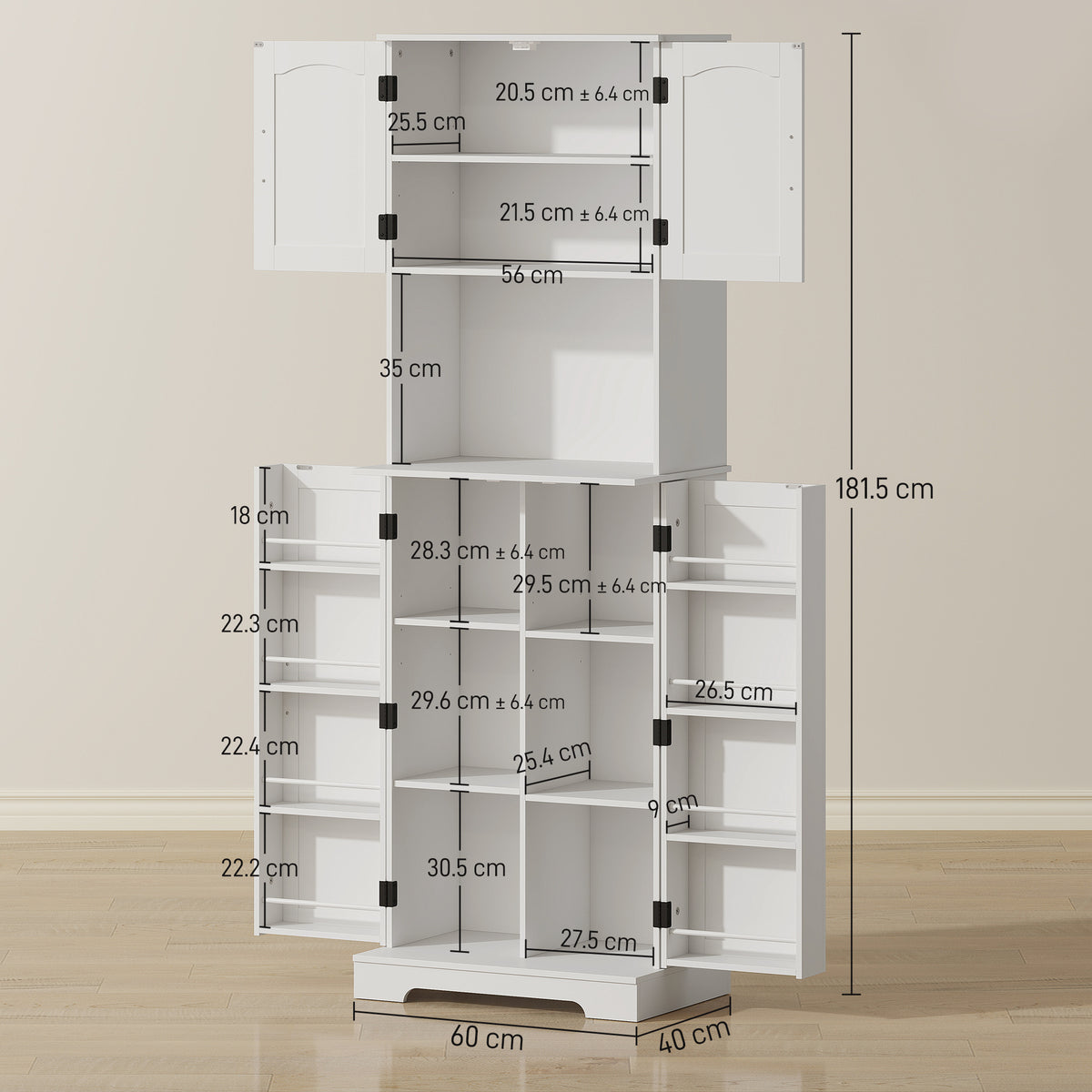 HOMCOM 181.5 cm Freestanding Storage Cabinet, Tall Kitchen Cupboard with Adjustable Shelves, 8 Door Spice Racks, White