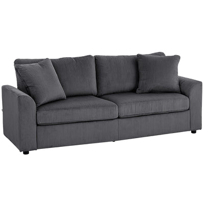 HOMCOM Modern 3 Seater Sofa with Spring Cushion, 212 cm Fabric Jumbo Cord Sofa Couch with 2 Scatter Cushions, Upholstered Corduroy Settee for Living Room, Bedroom, Home Office, Grey 