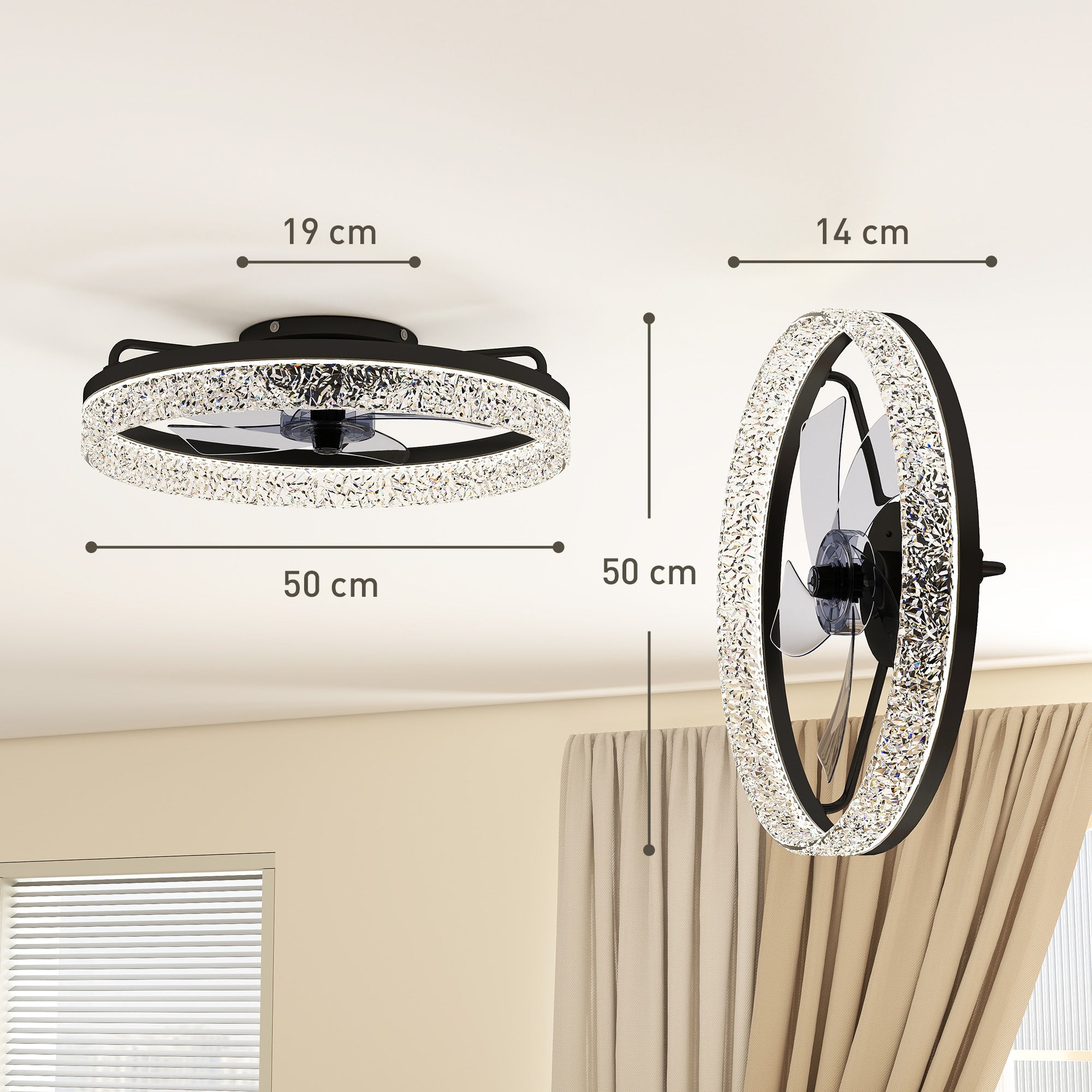 HOMCOM Ceiling Fan with Lights, Dimmable LED Mount Ceiling Fan Light with Remote App Control for Bedroom, Black 