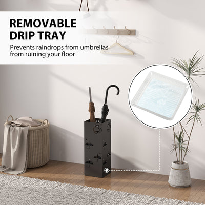 HOMCOM Metal Umbrella Stand, Square Umbrella Holder with Removable Drip Tray and 4 Hooks, Decorative Umbrella Storage Rack for Hallway, Entryway, 15.5 x 15.5 x 41 cm, Black 