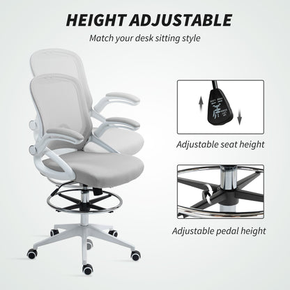 Vinsetto Drafting Chair with Flip-up Armrest, Mesh Office Stool with Foot Ring, 360° Swivel Height Adjustable Chair for Standing Desk, Light Grey 