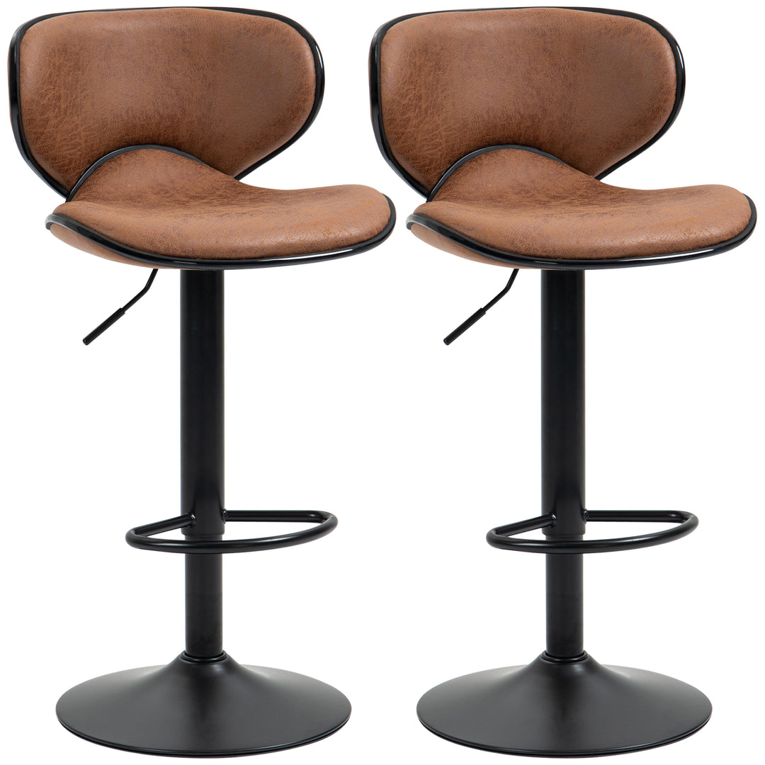 HOMCOM Bar Stool Set of 2 Microfiber Cloth Adjustable Height Armless Chairs with Swivel Seat, Brown 