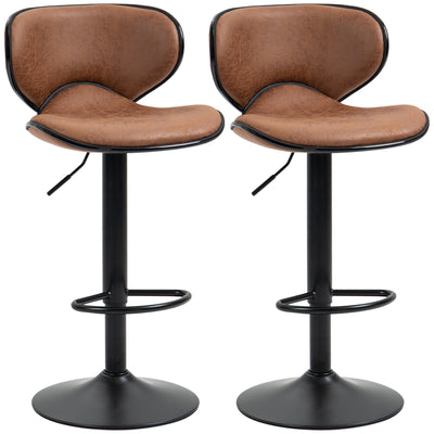 HOMCOM Bar Stool Set of 2 Microfiber Cloth Adjustable Height Armless Chairs with Swivel Seat, Brown 