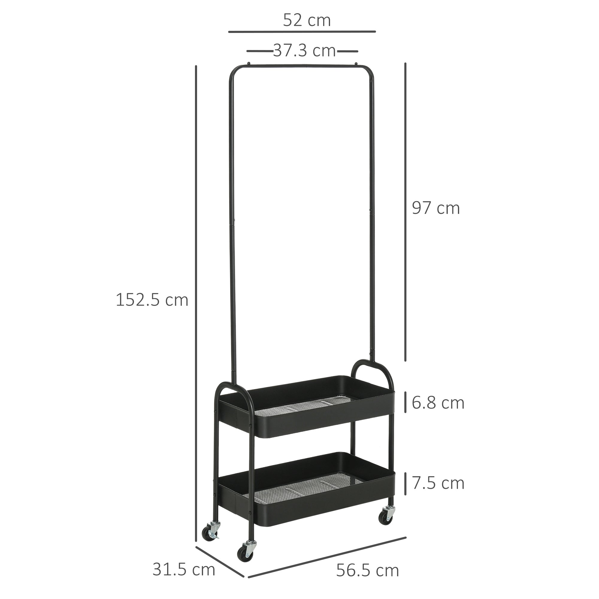 HOMCOM Metal Clothes Rack with Shoe Storage, Clothing Rail on Wheels, Freestanding Hall Tree, Coat Stand with 2 Storage Shelf, Black 