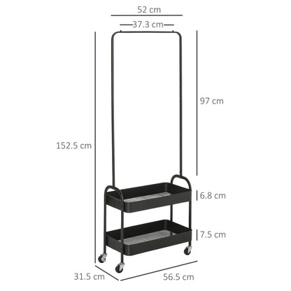 HOMCOM Metal Clothes Rack with Shoe Storage, Clothing Rail on Wheels, Freestanding Hall Tree, Coat Stand with 2 Storage Shelf, Black 