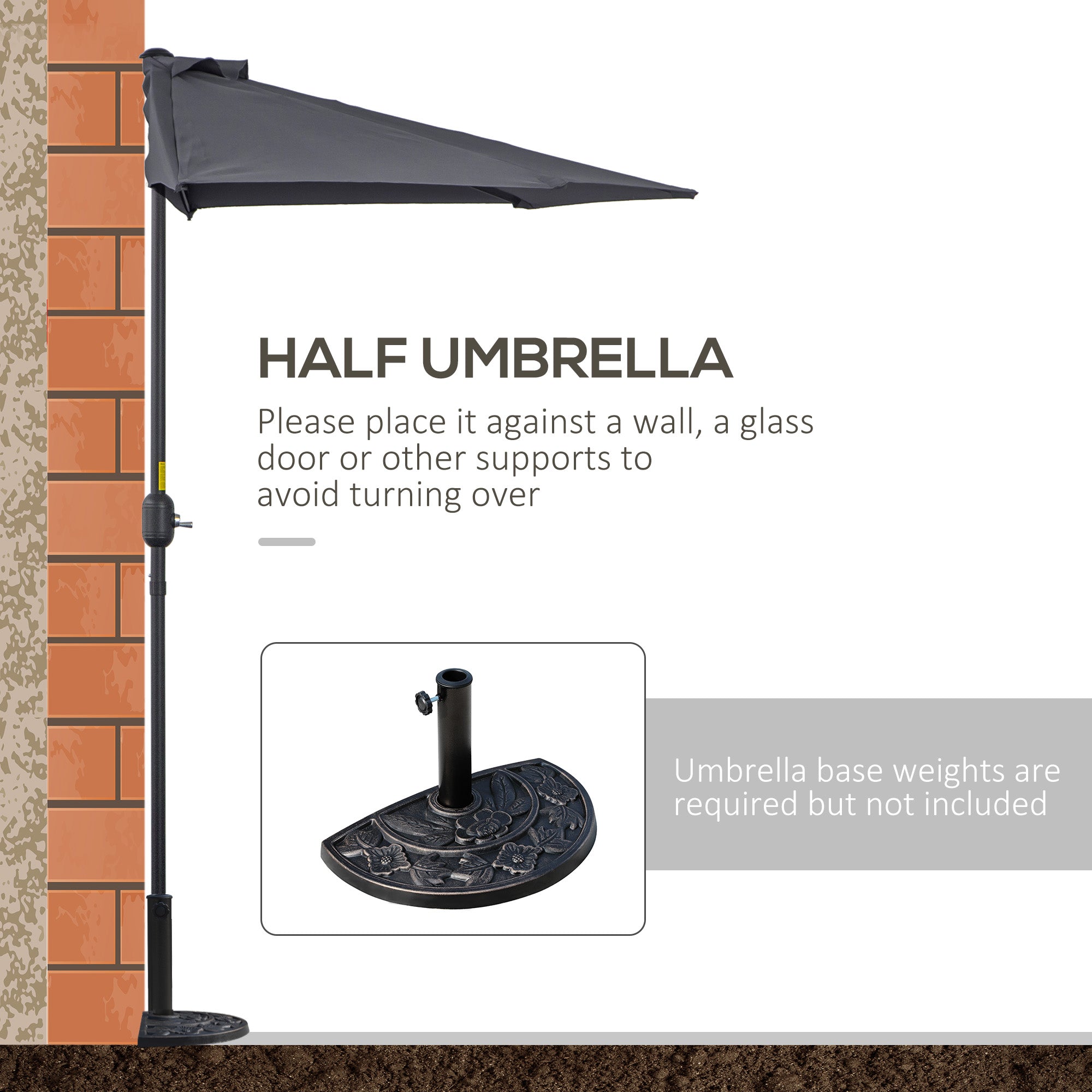 Outsunny 3(m) Half Parasol Semi Round Umbrella Patio Metal Frame Crank Handle for Balcony-- NO BASE INCLUDED, Grey 