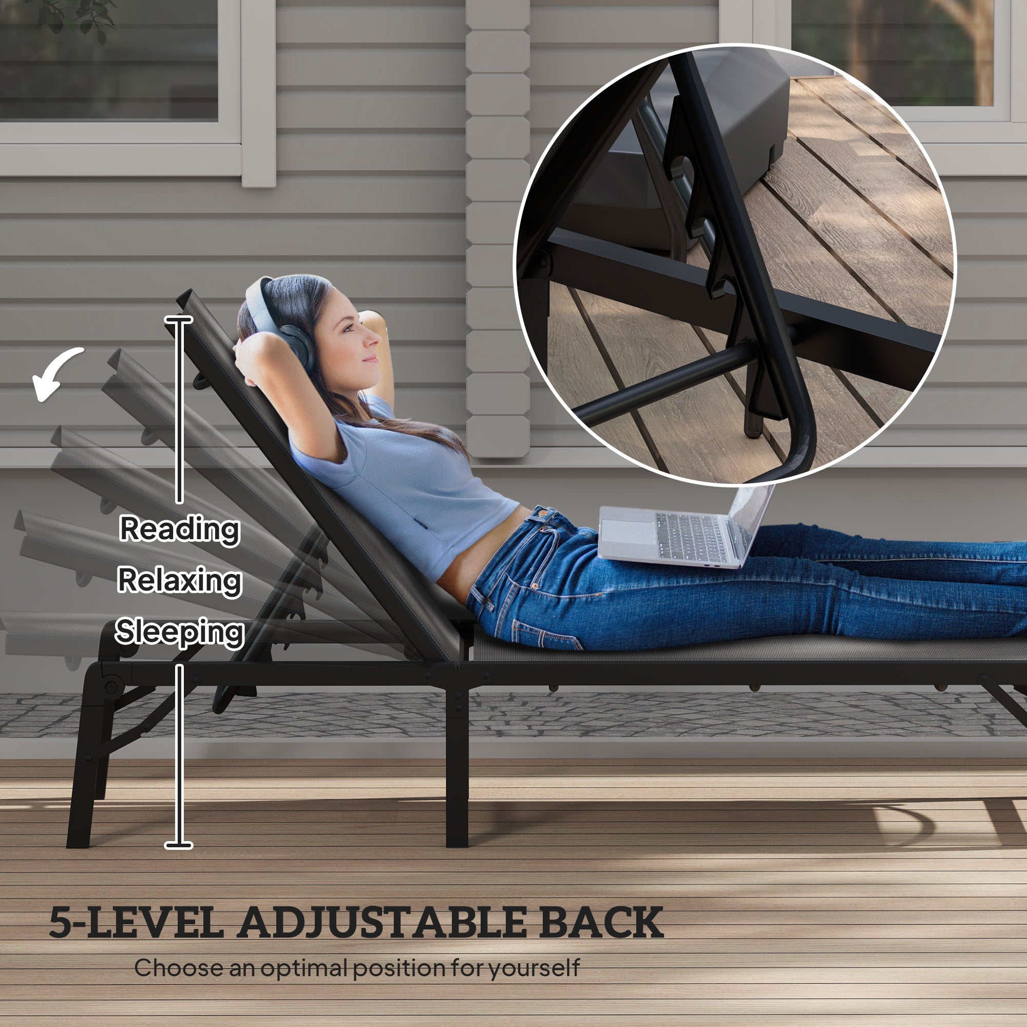 Outsunny Folding Sun Lounger, 5-Position Adjustable Garden Chaise Lounge Sunbed, Steel Frame Reclining Chair for Beach, Porch, Patio, Camping, Light Grey 