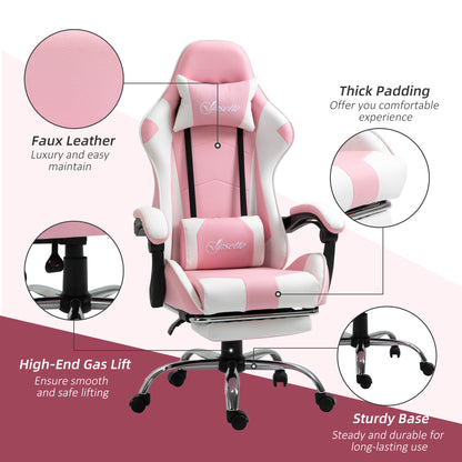 Vinsetto Pink Computer Gaming Chair, Desk Chair with 135\'c2\'b0 Reclining Back and Retractable Footrest, Adjustable PU Leather Lumbar Support and Headrest, Steel Base for Adults, Girls