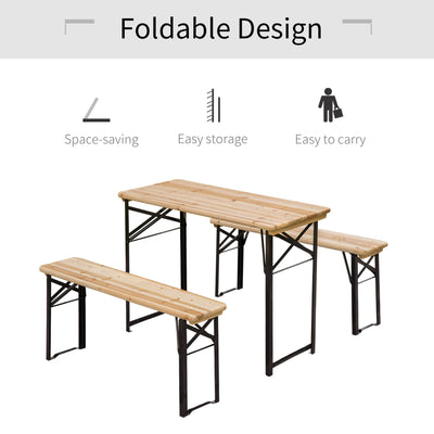 Outsunny Portable Folding Camping Picnic Trestle Beer Table and Bench Set Garden BBQ Chairs Stools Wooden Wood (120cm(L) x 25cm(W) x 46cm(H)) 