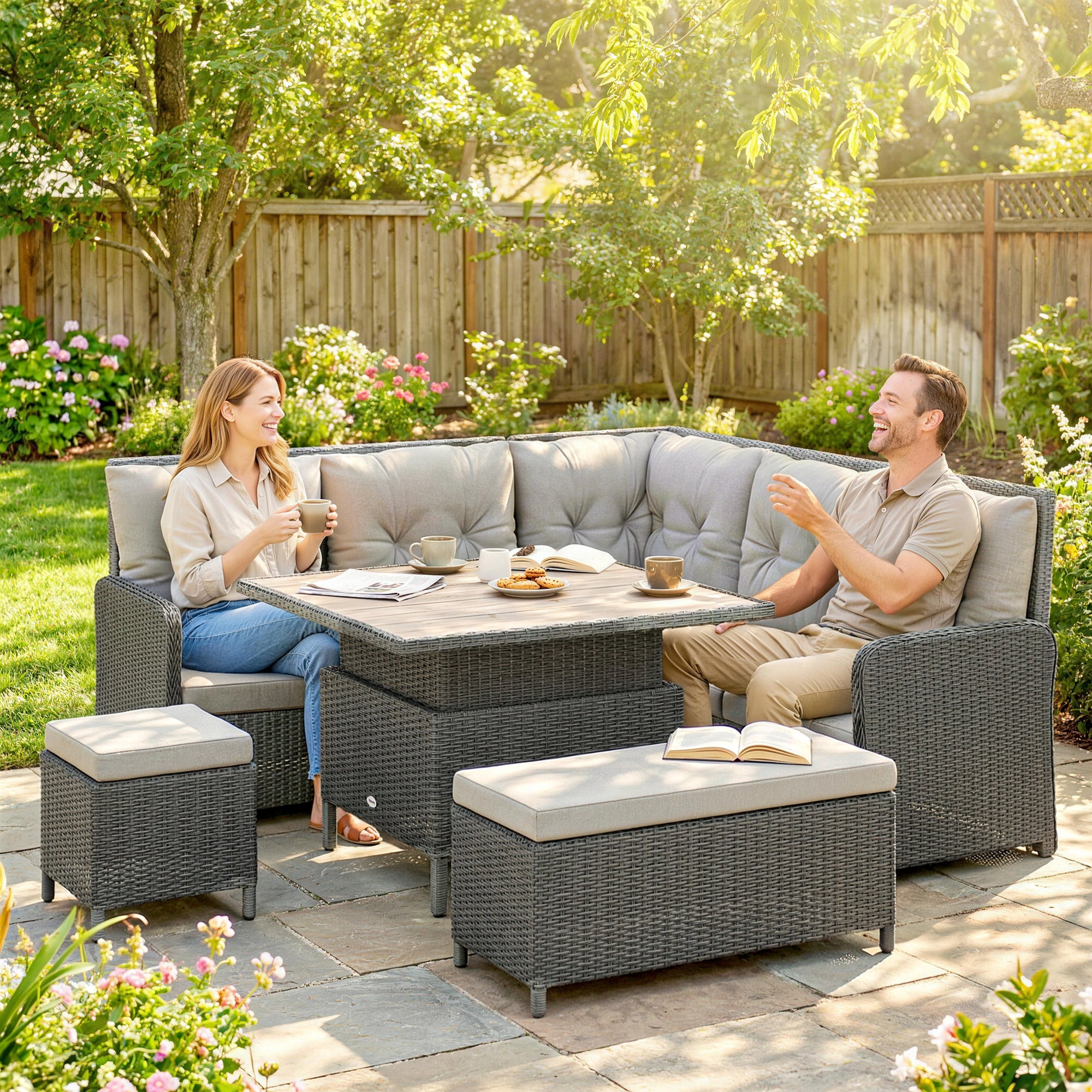 Outsunny 6 Pieces Outdoor PE Rattan Garden Furniture, Patio Wicker Sectional Conversation Corner Sofa 