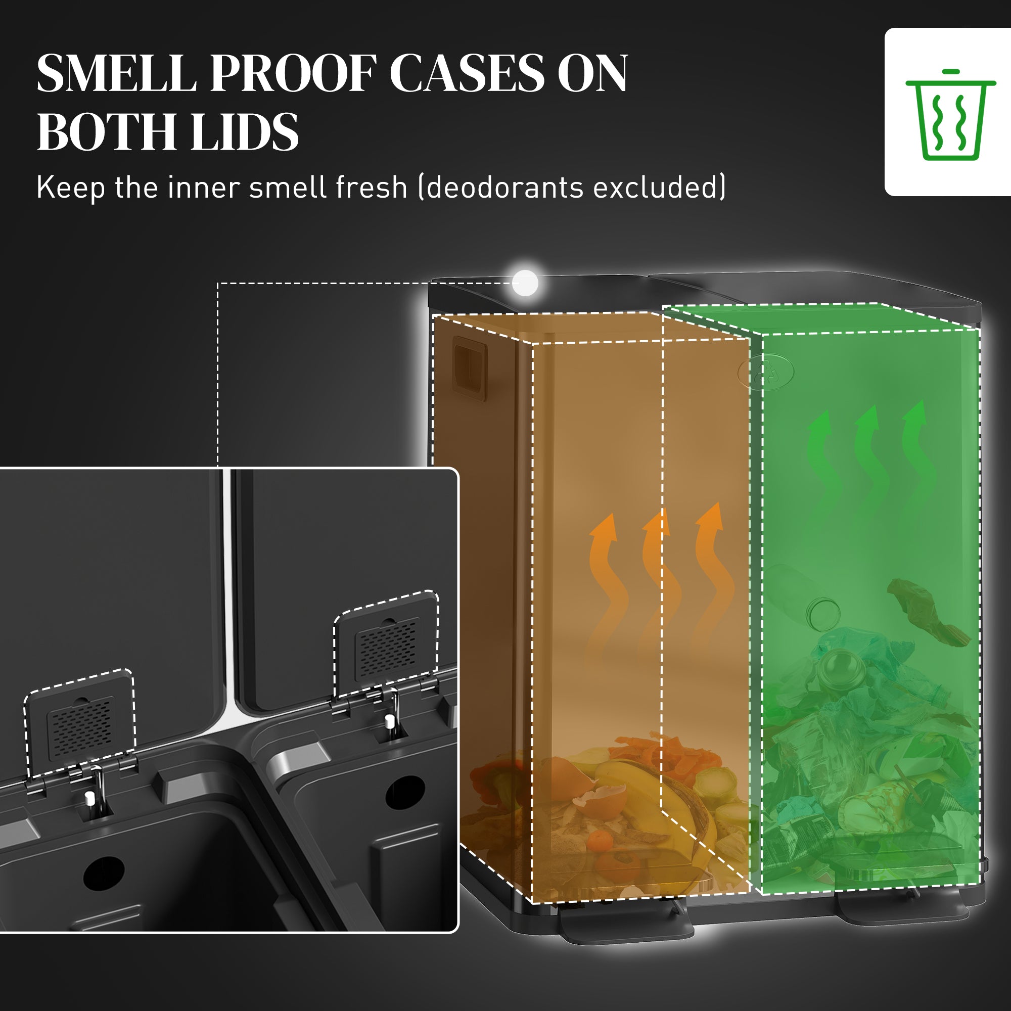 HOMCOM 40L Dual Compartment Stainless Steel Bin, with Deodoriser Holders - Black 