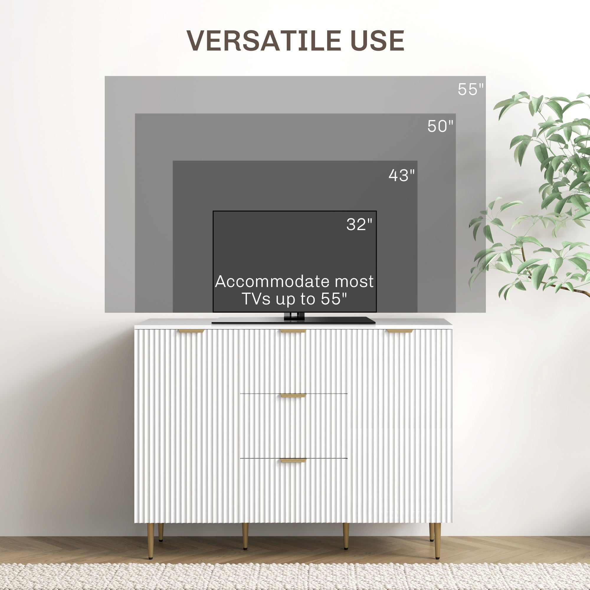 HOMCOM Sideboard Buffet Cabinet, Modern Kitchen Storage Cabinet with 3 Drawers and Adjustable Shelves, Living Room Cabinet with Metal Legs for Hallway, White 