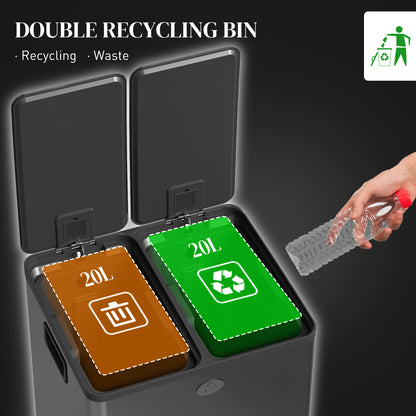 HOMCOM 40L Dual Compartment Stainless Steel Bin, with Deodoriser Holders - Black 