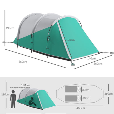 Outsunny Three-Man, 3000mm Water-Resistant Two-Room Tunnel Tent - Green 