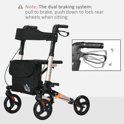 HOMCOM 4 Wheel Rollator with Seat and Back, Folding Mobility Walker with Carry Bag, Adjustable Height, Dual Brakes, Cane Holder, Lightweight Aluminium Walking Frame for Seniors and Disabled, Gold Tone 