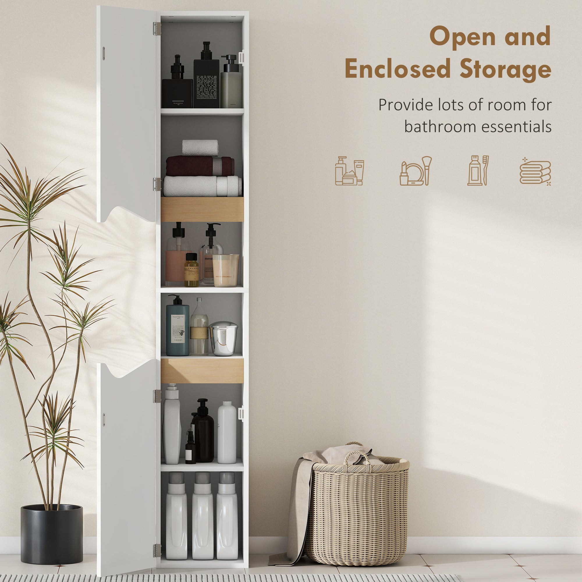 HOMCOM Tall Slim Bathroom Cabinet with 2 Doors, 2 Shelves - White 