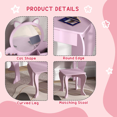 ZONEKIZ Kids Vanity Table with Mirror, Stool, Drawer, Storage Boxes, Cat Design, for Ages 3-6 Years - Pink 