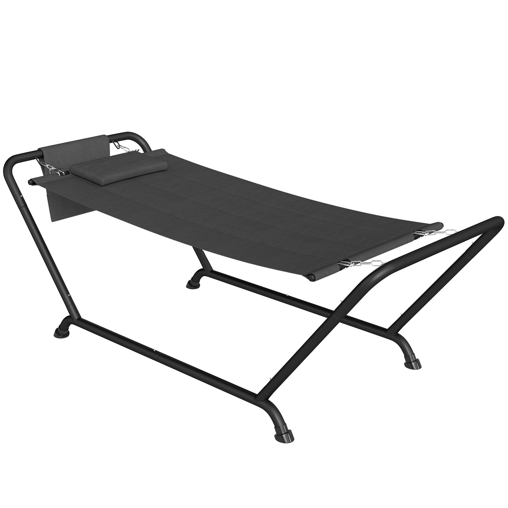 Outsunny Outdoor Hammock with Stand, Freestanding Hammock with Side Pocket, Headrest for Patio, Balcony, Porch, Dark Grey 